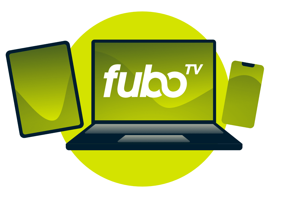 FuboTV logolu bir diz&uuml;st&uuml; bilgisayar, tablet ve telefon.