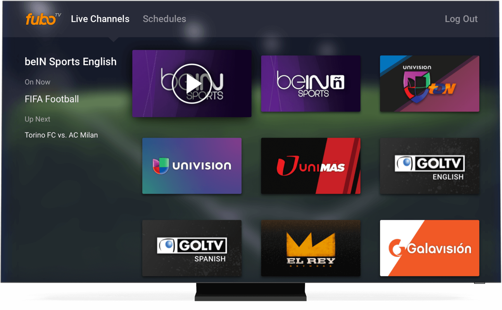 Akıllı TV'de fubo TV ana ekranı.